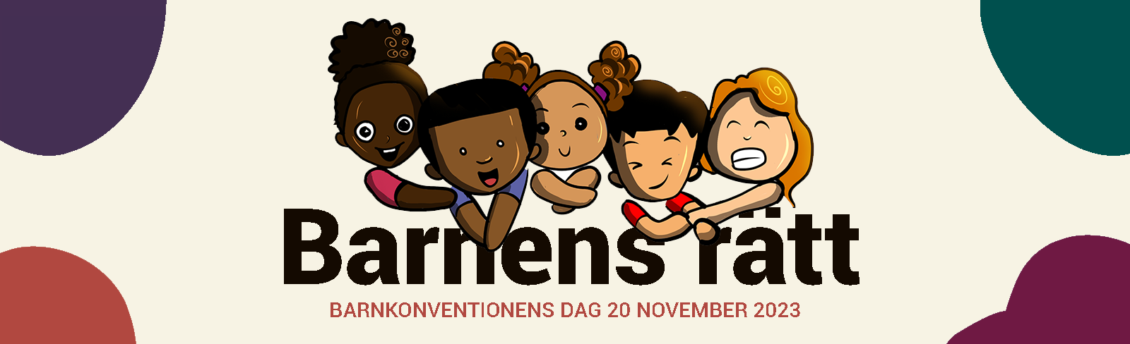 En illustration med fyra barn och texten Barnens rätt, barnkonventionens dag 20 november 2023